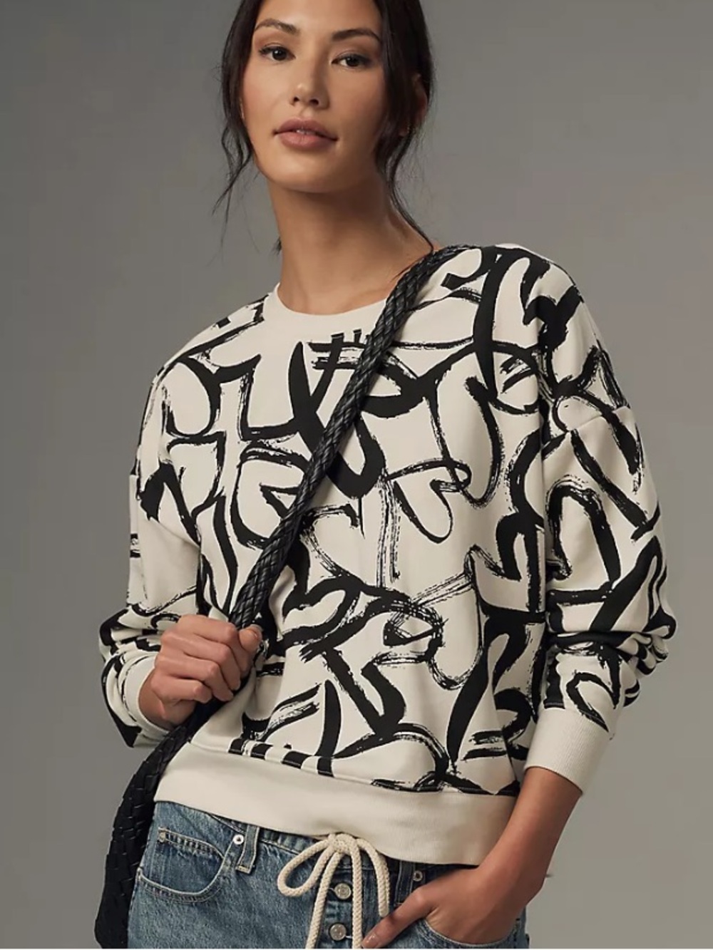 Anthropologie Maeve Heart Graphic Printed Jumper Sweater in Black and White